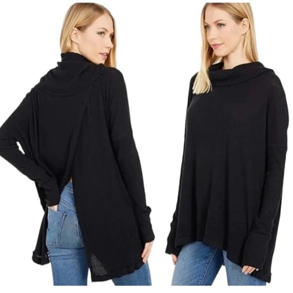 Free People Black Juicy Black Ribbed Knit Cowl Neck Tunic Top size XS - Picture 1 of 16